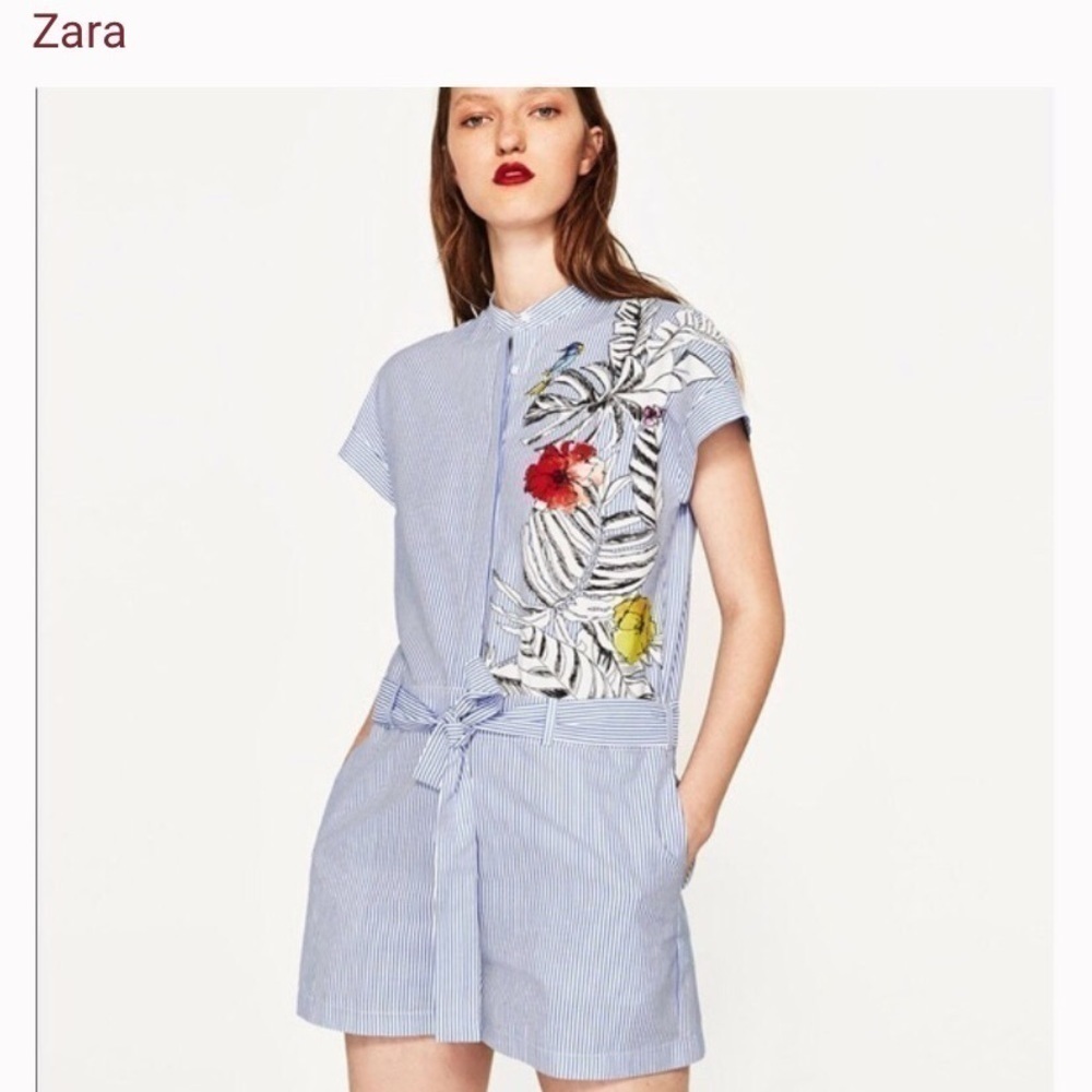 Zara Basic Floral Blue Striped Romper